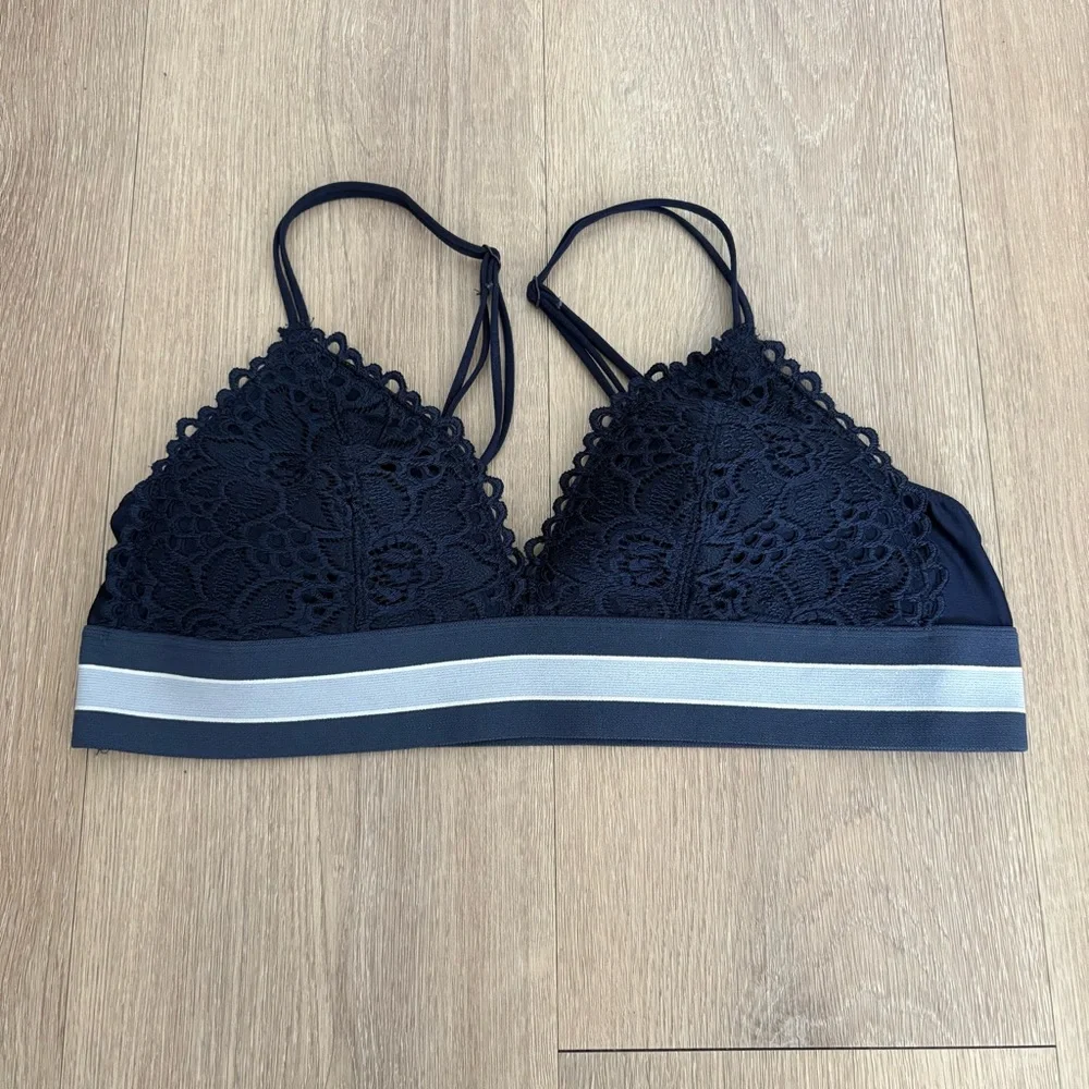Aerie Bralette Bra Size Medium Navy Blue Light Blue Lace Lightweight Strappy